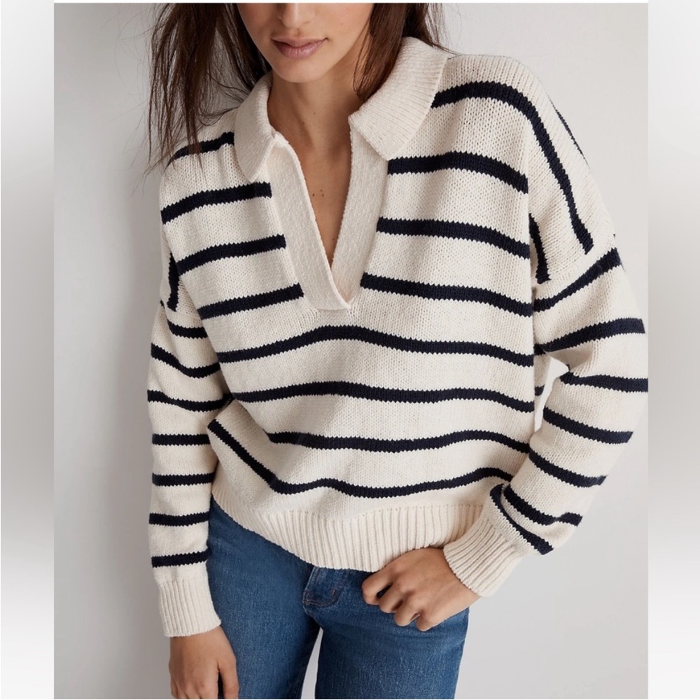 Madewell Cream and Black Striped V-Neck Sweater
